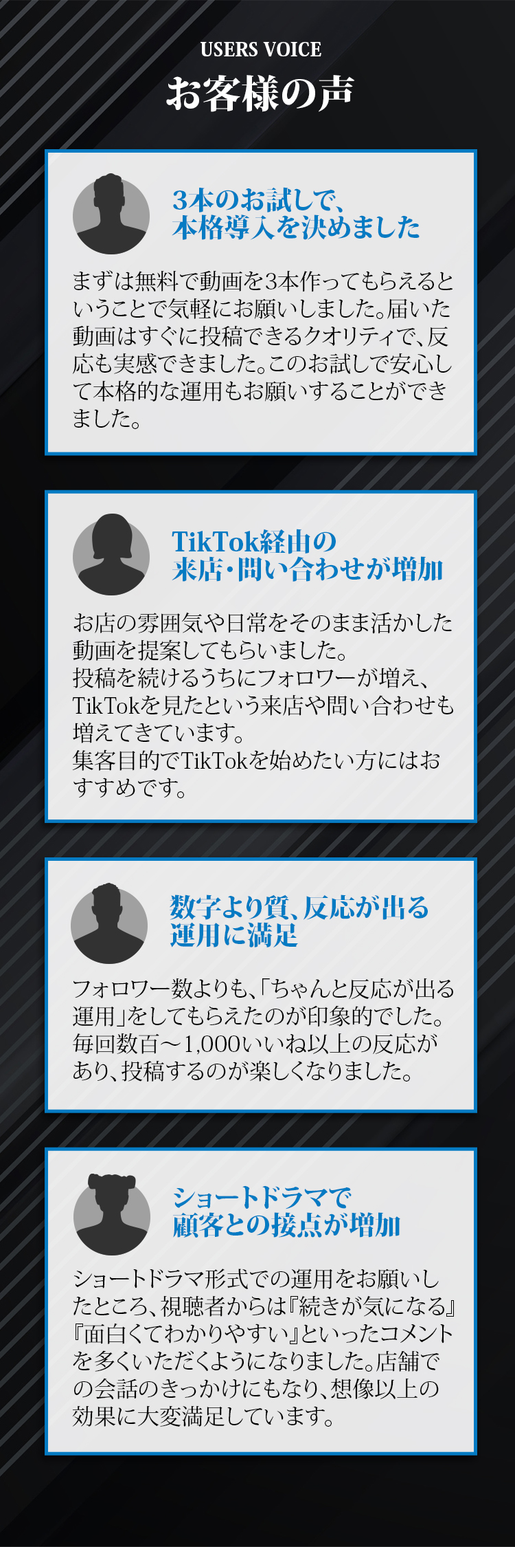 TikTok運用代行を利用したお客様の声。集客や反応が向上した実際の評価を紹介